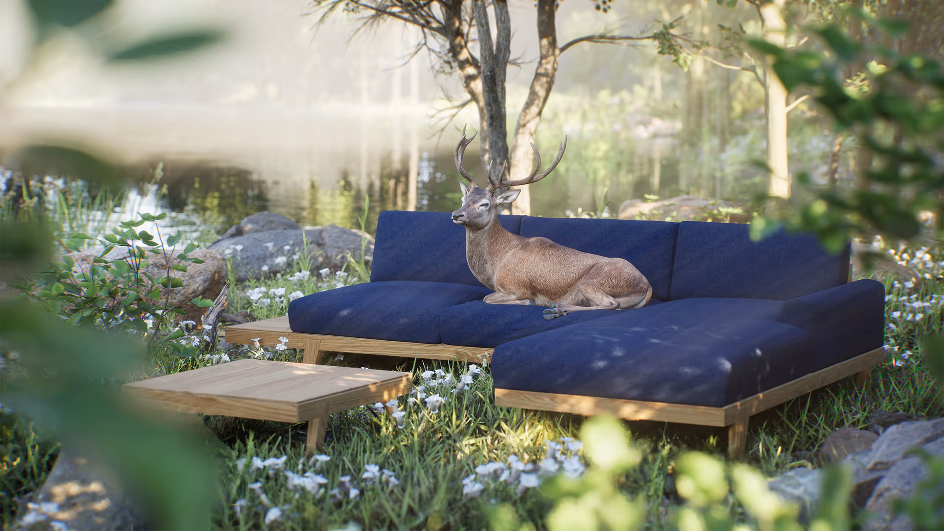 Unreal Engine Render Hirsch auf Sofa in Wald am See